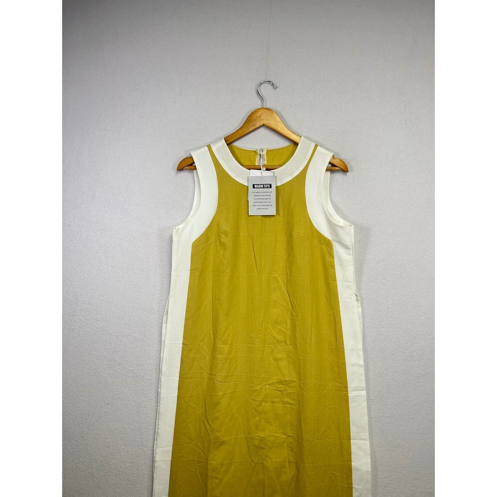 Fashion Clothing Sleeveless Midi Dress Mustard Yellow White Paneled Round Neck S - Picture 4 of 10
